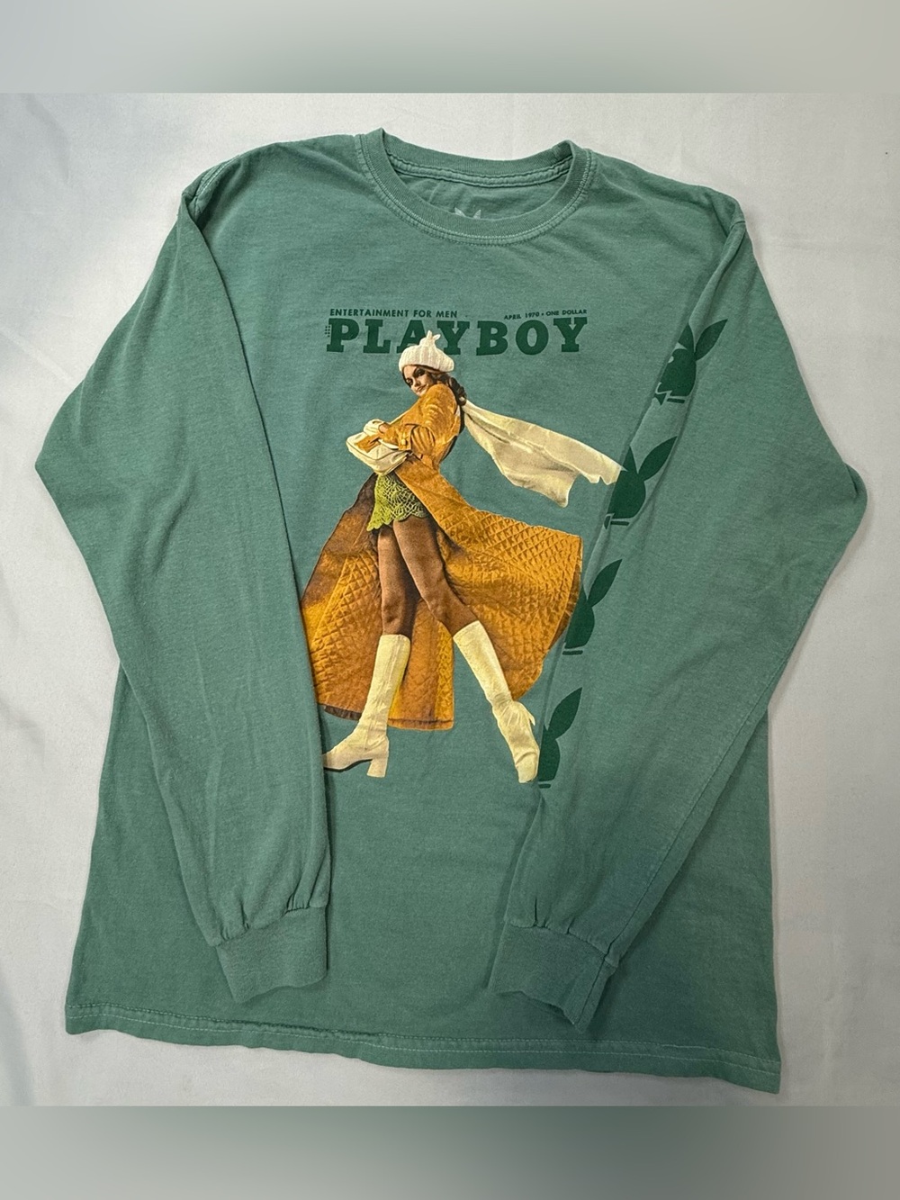 PLAYBOY Green Long Sleeve Graphic Tee with Yellow Accent